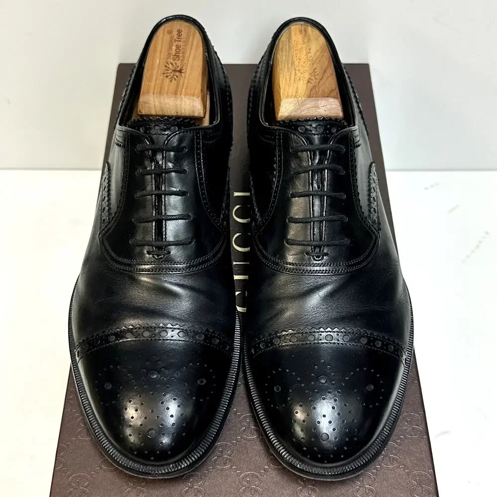 EUC Gucci Oxford Brogue Round Cap Toe 312279 Betis Glamour Nero UK 8.5 US 9.5 D